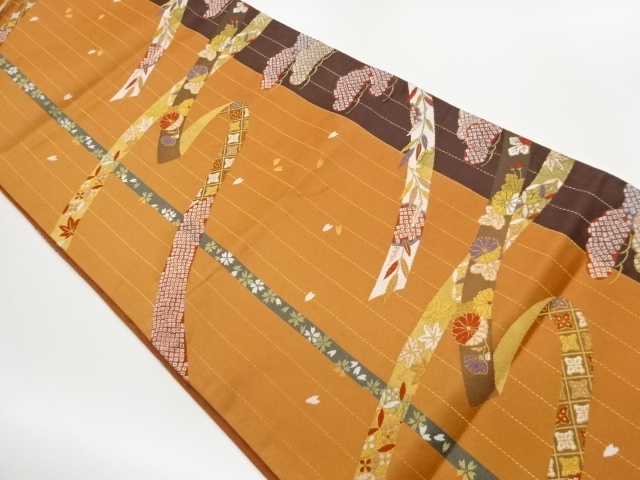 松に鬘帯・鹿の子・草花模様織出し全通袋帯